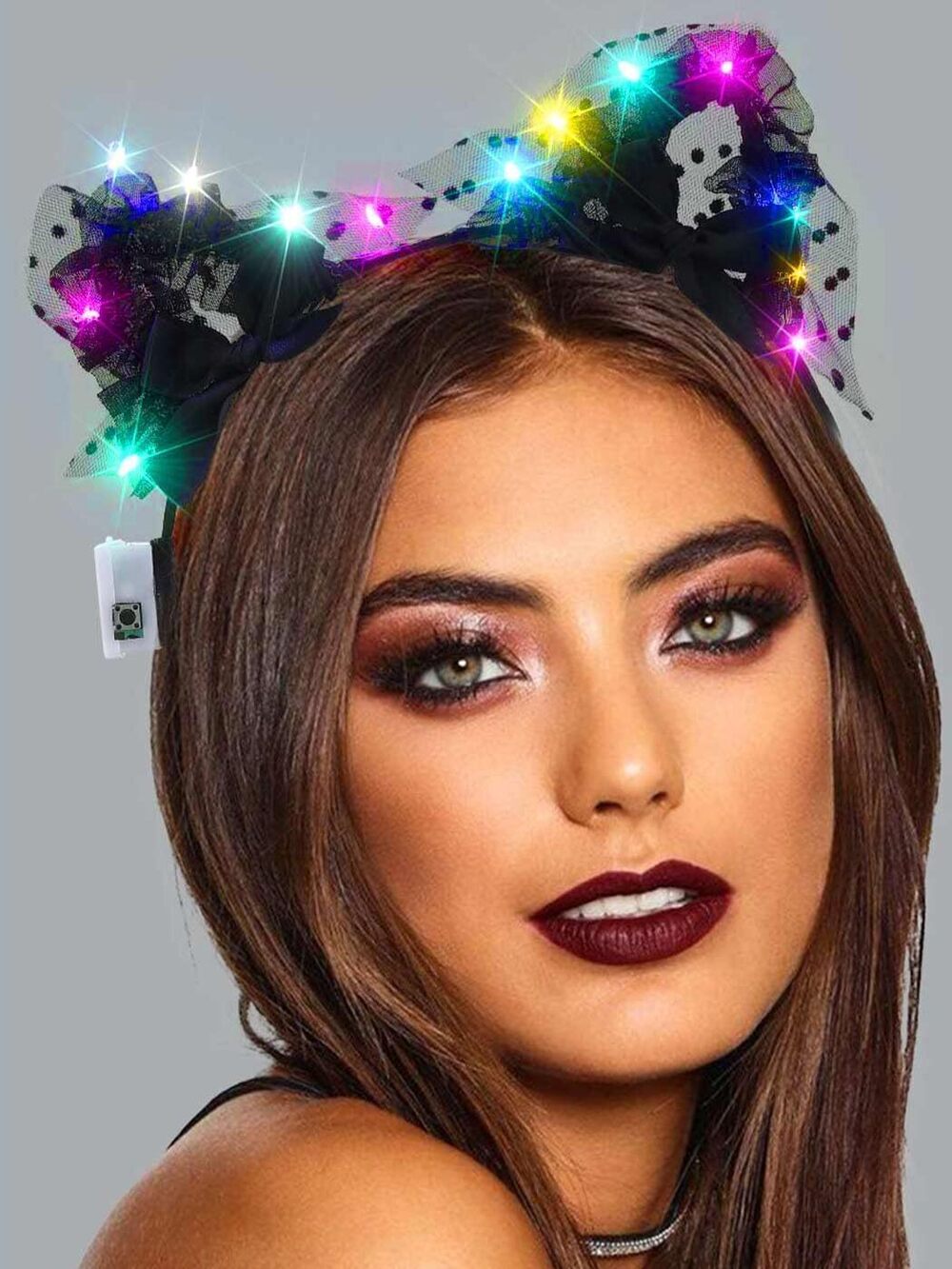 7846 Black Cat Ears Headband Light Up Lace Ear Headbands with Bow Halloween